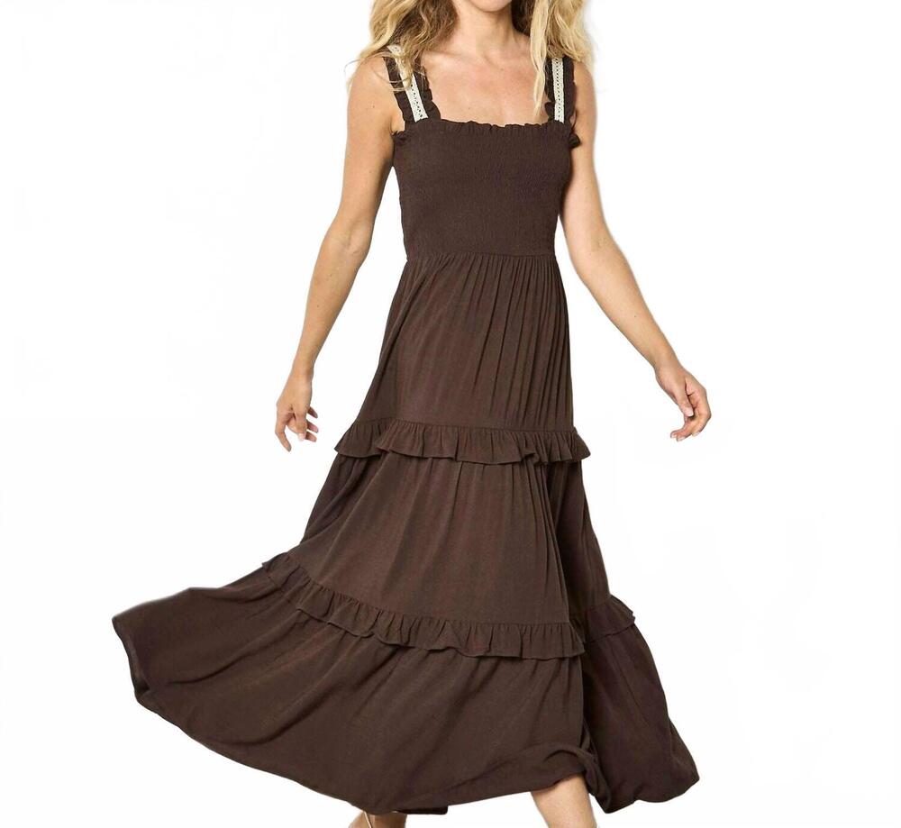 NEW APRICOT women's smocked tierred crochet dress in brown